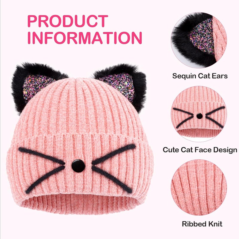 ACTLATI Little Girls Sequin Cat Ears Hats Cute Warm Knit Beanie Hat for Kids Winter Outdoor Snow Ski Skull Cap 3-8 Years - Image 4